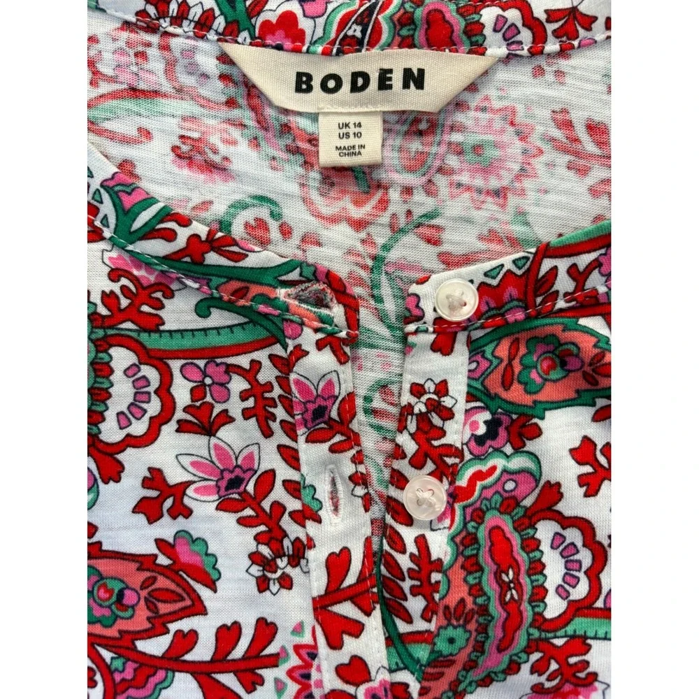 Boden Red Green Paisley Floral Cotton Tencel Modal Button Down Shirt 10 Boho